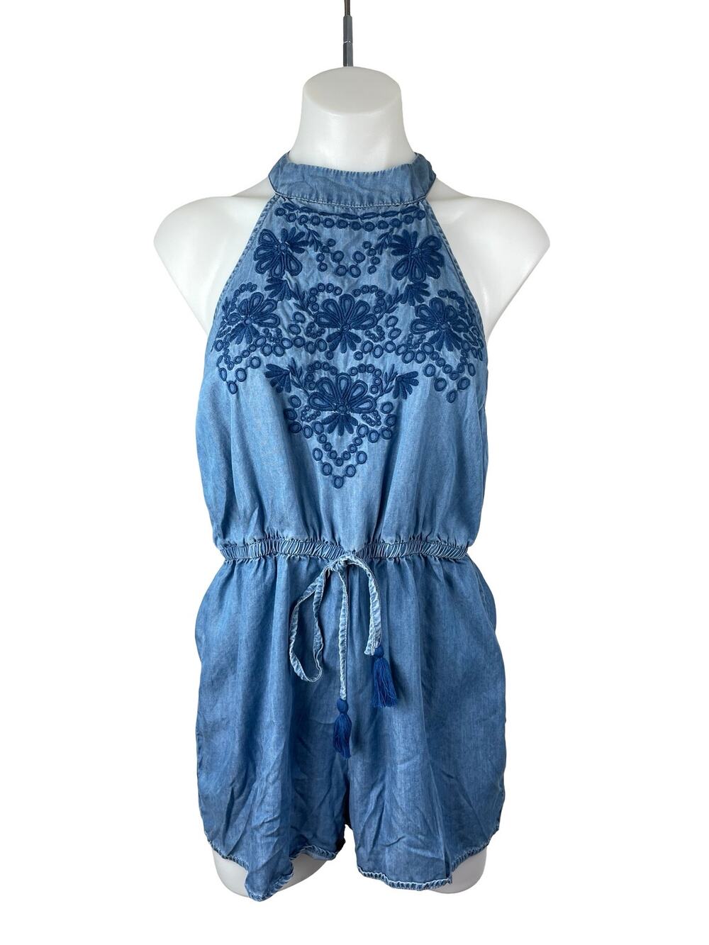 Blue Rair Blue Embroidered Halter Floral Sleeveless Chambray Romper Shorts Sz M